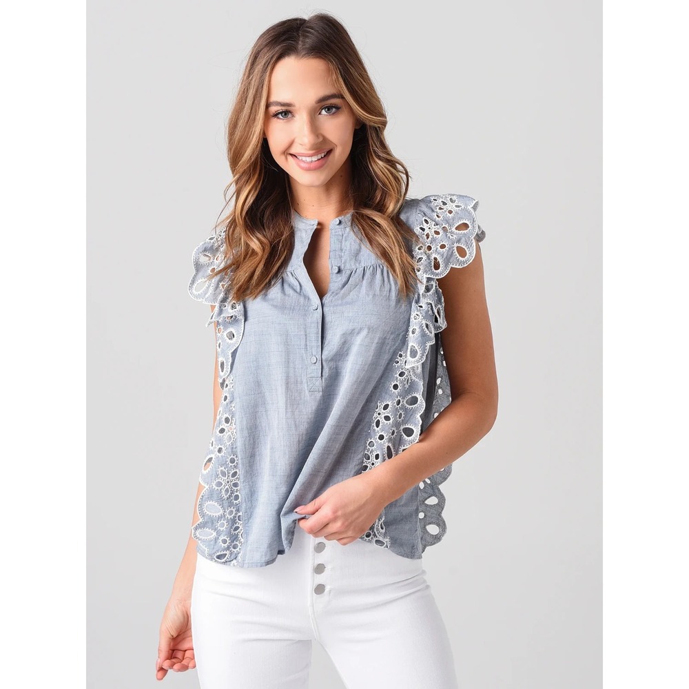 NWT Joie Coralia Chambray Floral Embroidery Eyelet Flutter Top Blouse S 4 2 $228